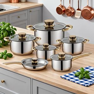 Stainless Steel <b>Cookware</b> <b>Set</b> 12 Piece Rust Proof With Glass Lids For Kitchen Cooking - Product Image 2