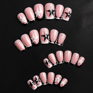 <span class=keywords><strong>Faux</strong></span> ongles à presser Y2K contrastants, style French, moyens, forme carrée, motif étoile dessinée à la main, motif <span class=keywords><strong>vache</strong></span>, avec cristaux, prêts à poser, vente en gros - Product Image 4