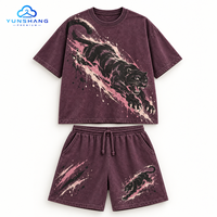 Ensemble deux pièces personnalisé style vintage américain : T-shirt en polyester/coton tricoté délavé 240 g/m² imprimé numériquement motifs crânes et short à cordon de serrage