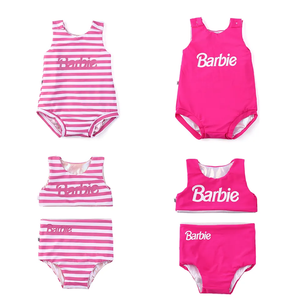 Réversible paillettes rose logo imprimé nouveau-né bambin filles maillots de bain rose blanc rayé bébé enfants fille mignon maillot de bain