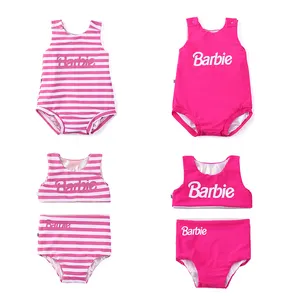 Reversible glitter pink logo print newborn toddler girls bathing suits pink white striped baby kids girl cute swimsuit