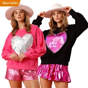 Lovedagear Custom Valentijnsdag Parel Hete Roze Hals Losse Sweet Tops Vrouwen Hart Liefde Ronde Hals Pullover Sweatshirt