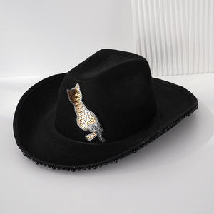 Nouveauté Chapeau à large bord en velours noir pour femmes avec patch chat en paillettes et bordure perlée Toutes saisons Mode de festival - Product Image 5