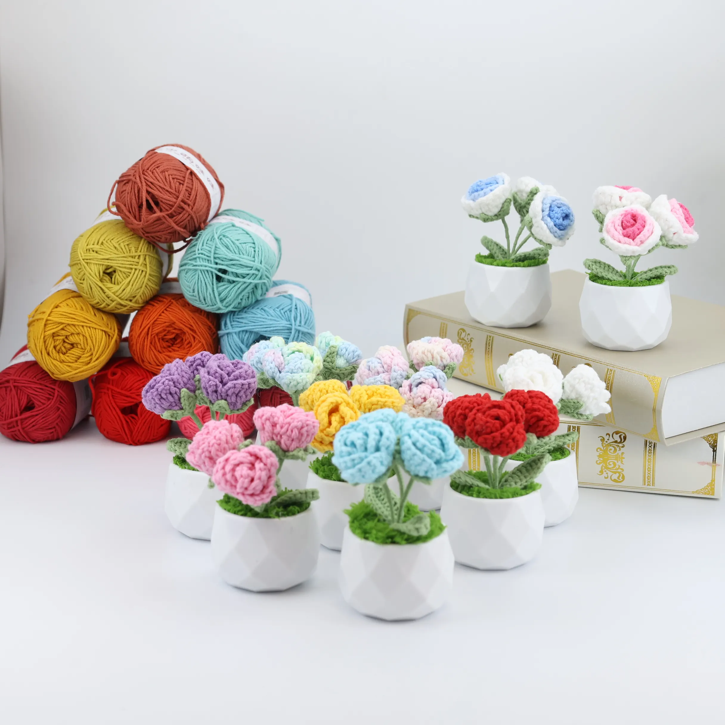 Wholesale 5.5CM SY Knitted Flower Rose Flower Sunflower Tulips Daisy pot Wedding Party Decoration crochet sunflower in pot