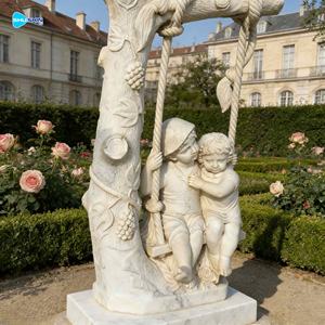 Escultura <span class=keywords><strong>de</strong></span> Mármol Tradicional Hecha a Mano <span class=keywords><strong>de</strong></span> Tamaño Real <span class=keywords><strong>de</strong></span> un Niño Sentado en un Columpio <span class=keywords><strong>para</strong></span> Jardines y Villas al Aire Libre - Product Image 3