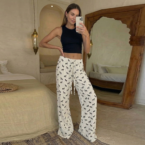 Animal Print Knit Pants <b>Drawstring</b> Waist Loose Fit Straight Leg <b>Trousers</b> Women Casual Sporty Lounge Homewear Long Pants - Product Image 2