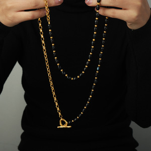 Chaîne de chandail noir élégant perles d'agate boucle OT 18K PVD plaqué or en acier inoxydable colliers de bijoux de mode pour femmes - Product Image 5