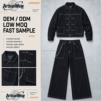 Ensemble veste en jean foncé et jean large pour homme avec fermetures à boutons et détails chaîne – Vêtements OEM ODM