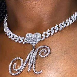WG1606 Hip Hop Jewelry A-Z Cursive Letter Heart Pendant Iced Out Initial Zircon Cuban Link Chain Diamond Crytal Necklace Women