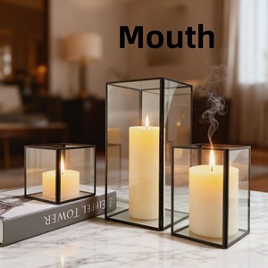 Ensemble de 3 lanternes de table décoratives <span class=keywords><strong>en</strong></span> métal avec cadre <span class=keywords><strong>en</strong></span> fer et couvercle <span class=keywords><strong>en</strong></span> <span class=keywords><strong>verre</strong></span>, forme géométrique rectangulaire, coupe-vent - Product Image 3