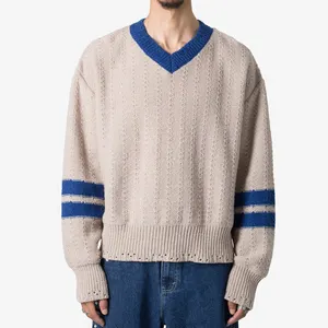 custom luxury designer hollow out distressed varsity sweater jumper pullover knit v neck cricket knitwear sweater for men