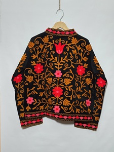Women’s Black Floral Embroidered <b>Jacket</b> | Handmade Indian Ethnic Boho <b>Jacket</b> | Red & Pink Floral Thread Work Stand Collar <b>Short</b> - Product Image 5