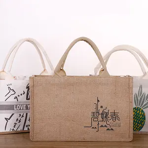 RU Custom Gift Jute Handbags Women Tote Carrier Canvas Burlap Jute Fabric Shopping Bags