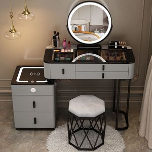 Tocador con espejo y cajón para sala <span class=keywords><strong>de</strong></span> <span class=keywords><strong>maquillaje</strong></span> <span class=keywords><strong>de</strong></span> cristal flotado blanco Led Vintage - Product Image 4