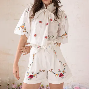 OEM fashionable embroidery short sleeve custom sets superb cotton twill women's casual suit