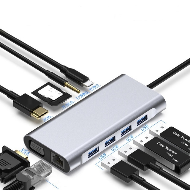 Multiport Type C 11 in 1 Usb C Hub Adapter Ethernet Rj45 4K Hd Card Reader Adapter 3.0 Usb Hub for Notebook