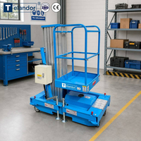 Plateforme élévatrice électrique à mât unique de 14 m, capacité de charge de 150 kg, alimentation CA/CC, avec stabilisateurs déployables