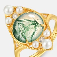 Teardrop Frame Moss Agate Pearl Surround Ring S925 Silver Gold Plated Natural Moss Agate Milgrain Bezel Boho Adjustable Gem Ring