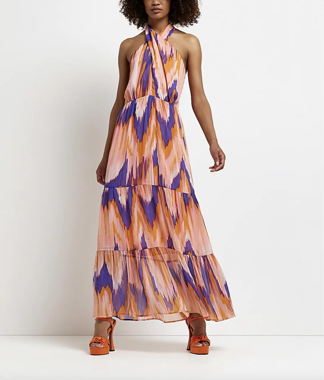 Fashion Printed Halter Neck Maxi Dress Summer Beach Long Dress Flutter Chiffon Women's Maxi Dress
