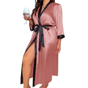 Pijamas de Satén Elegantes con Logotipo Personalizado, Talla Grande, Románticos, de Manga Larga, Cuello en V, Bata Floral para Dormir, Ropa de Dormir para Boda - Product Image 6