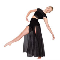 Pakaian Tari Lyrical Custom Mesh Langsung dari Pabrik, Atasan Crop & Rok Belah Panjang untuk Wanita
