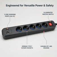 Multiprise européenne 5 voies avec ports USB Type C et Type A, certifiée CE Schuko