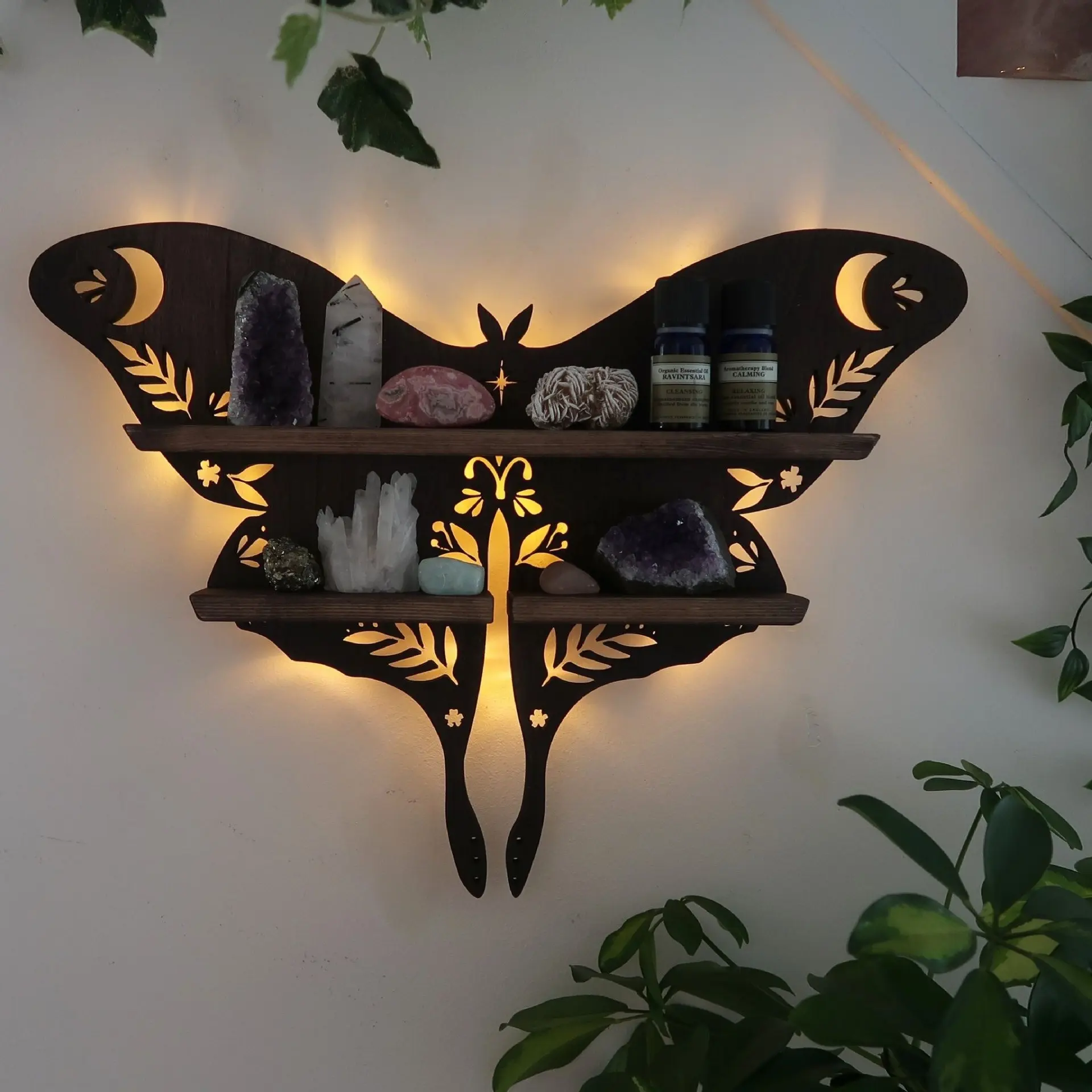 Mặt Trăng bướm bằng gỗ Kệ pha lê tinh dầu lưu trữ giá Luna Moth đèn hiển thị trang trí giá treo tường phòng khách kệ
