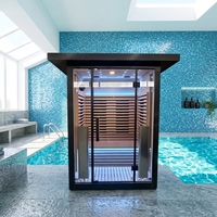 Sauna extérieur moderne en pin avec panneau de commande électronique, verre panoramique et chauffage à vapeur humide pour villa et jardin