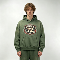 Sweat à capuche vert délavé style vintage, effet usé, streetwear, avec motif LUCKY 72, pour homme et unisexe, lot en gros