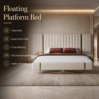 Lit plateforme flottant de luxe en bois de pin rembourré en cuir avec tête de lit haute, taille King, mobilier de chambre d'hôtel