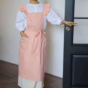 Solid Color Cotton Apron With Ruffle Shoulder Straps For Cooking And Daily Use Creamy Pink - Product Image 1