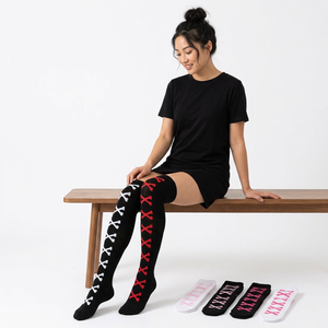 Calcetines hasta la rodilla para mujer, color negro, rojo, blanco, con estampado digital, transpirables, para uso diario, por encima de la rodilla - Product Image 3