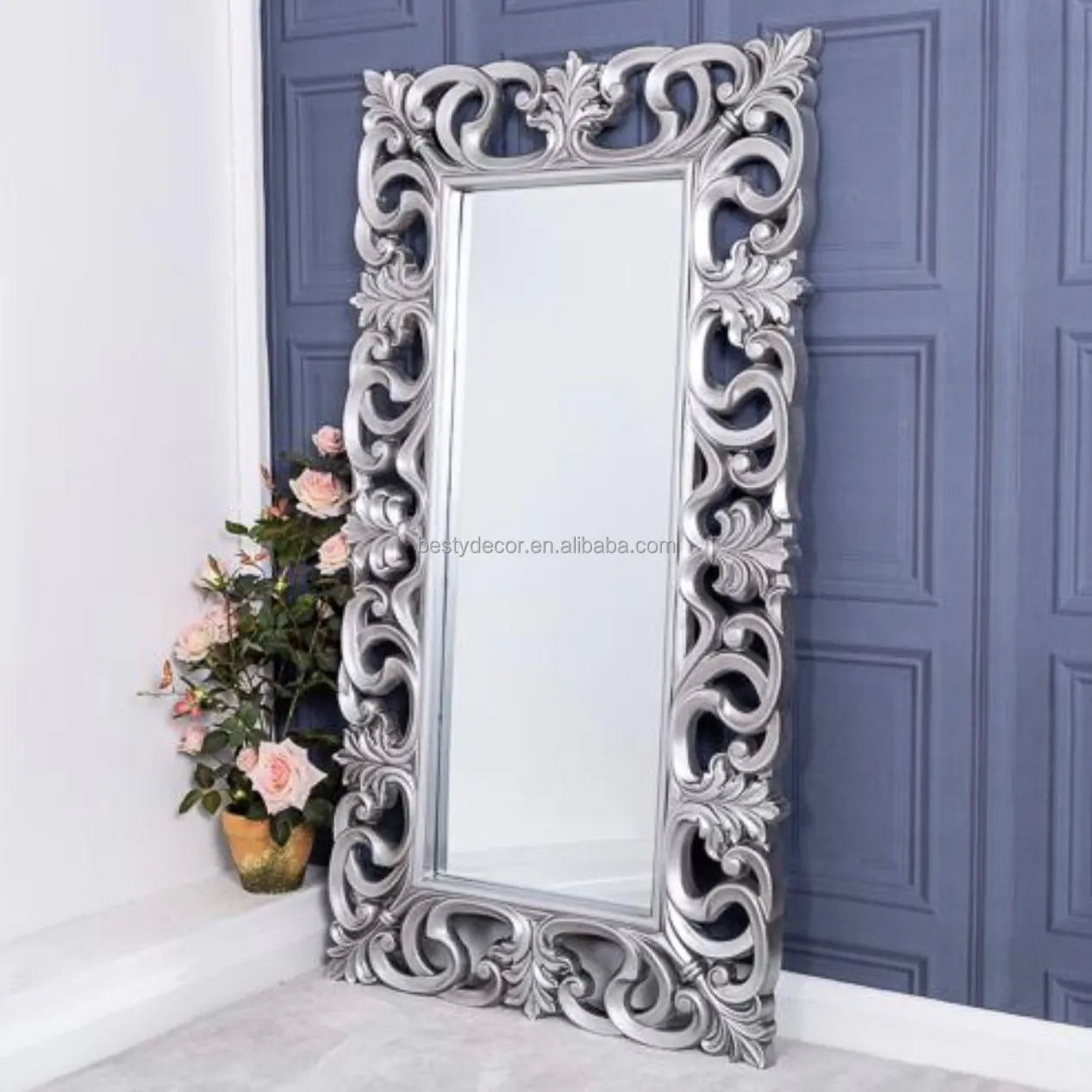 Antique Baroque Mirror Large Full Length Elegant Wholesale Rectangular Floor Free Standing Dressing PU Framed Wall Mirror