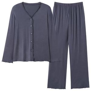 Womens Modal Cotton Loose Fit Women Plain Pajamas Set Long Sleeve Trousers Sleepwear Leisure Pajamas Night Pijamas for Home Wear