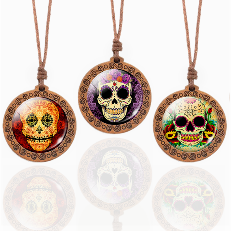 Candy Skull Necklace Mexico Sugar Skull Wax Rope Chain Necklaces Natural Wood Pendant Vintage Jewelry for Women