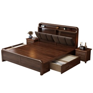 Cama de madera maciza de nogal de 1.5 m con caja de almacenamiento alta y cabecero tapizado para dormitorio - Product Image 1