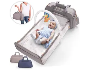 Functional Lightweight Grey Blue 4-in-1 Convertible Baby Diaper Bag Bed