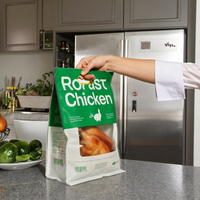 Sachet rétractable en PE imprimé sur mesure avec poignée découpée, fenêtre transparente, film résistant à la chaleur, recyclable, pour poulet rôti et aliments cuisinés