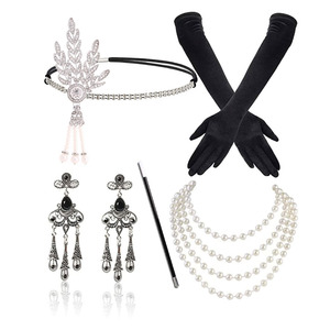 1920s femmes Vintage Flapper Gatsby Costume accessoires ensemble 20s bandeau perle collier Anime boucle d'oreille ensemble - Product Image 3