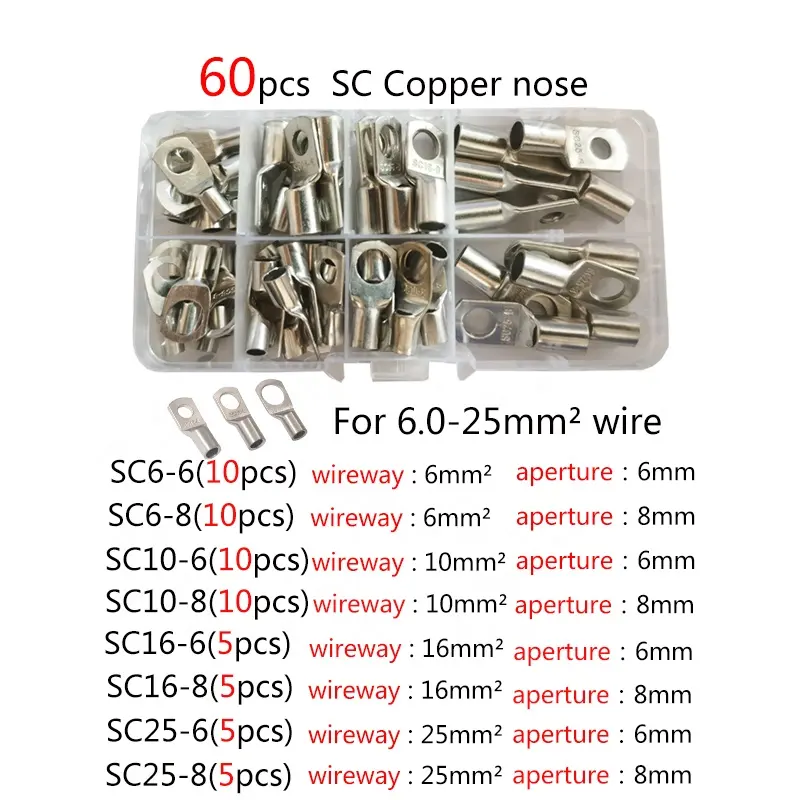 60 buah kawat tugas berat baterai Lug kabel bulat berakhir Crimp berbagai macam Kit telanjang Tinned tembaga cincin Terminal mata konektor