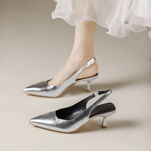 Chaussures élégantes pour femmes, dorées et argentées, fines, couleur unie, à bout pointu, avec talon ouvert, confortables, tendance mode été-automne, en PU - Product Image 3