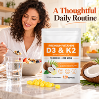 Acentiallabs OEM ODM Capsules personnalisées de Vitamine D3 K2 10000UI 200mcg à l'huile de coco, antioxydant, pour la santé cardiaque, le soutien immunitaire et osseux, 120 gélules