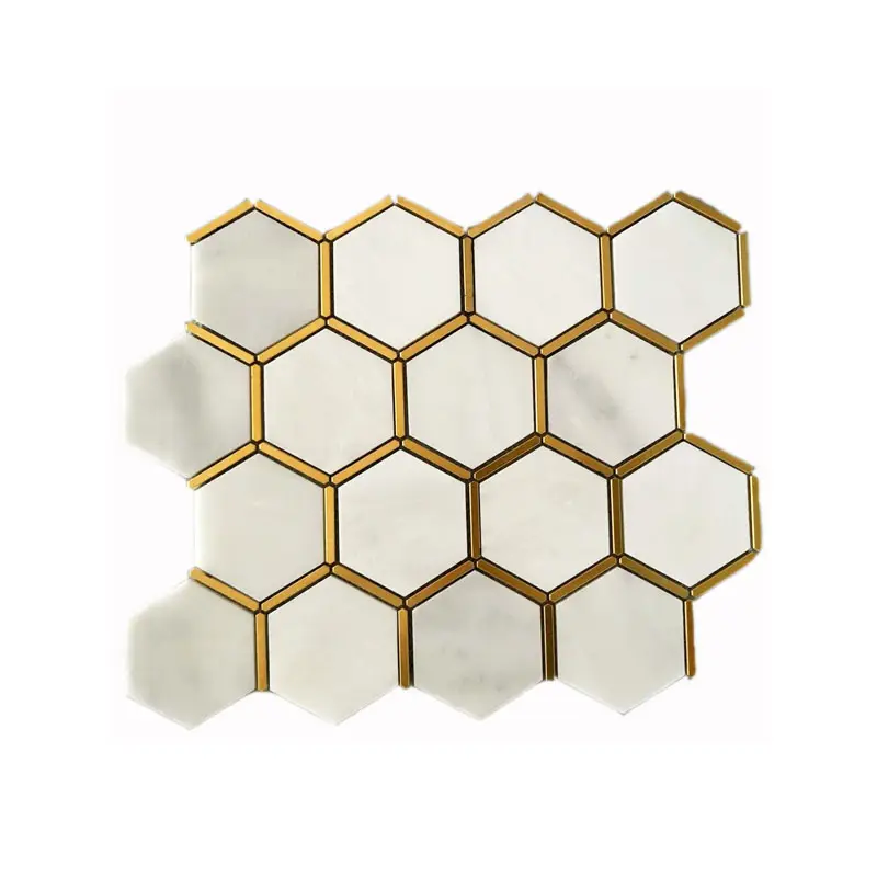 Hexagon White Marble Mosaic Tile Bathroom tile kitchen backsplash natural stone gold inlay decorative wall tiles