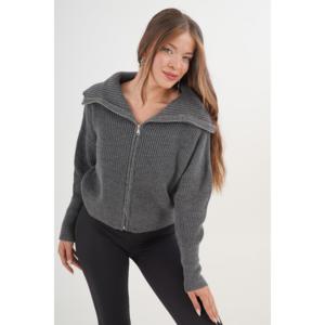 Cárdigan de punto antracita para mujer con cuello con cremallera, estilo casual, antipilling, a la moda y sencillo. - Product Image 6