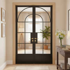 Porte en acier à double battant <span class=keywords><strong>de</strong></span> style français avec des motifs en <span class=keywords><strong>treillis</strong></span> <span class=keywords><strong>de</strong></span> <span class=keywords><strong>verre</strong></span> trempé pour une utilisation intérieure et extérieure - Product Image 3