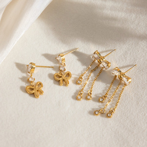 Bowknot Drop <b>Earrings</b> <b>Gold</b> Plated Zircon Stainless Steel Party Jewelry Fashion <b>Dangle</b> <b>Earrings</b> - Product Image 4
