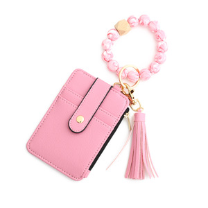 Borsa per carte con stampa leopardata portafoglio in pelle PU portachiavi da donna in legno con perline in Silicone bracciale con cerniera portachiavi a portafoglio - Product Image 5