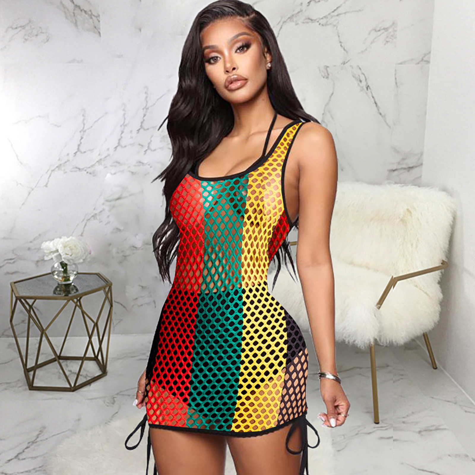 Wholesale Beach Holiday Outfits See Through Mini Summer Dresses for Women  Hollow Out Dress Drawstring Dress Women| Alibaba.com