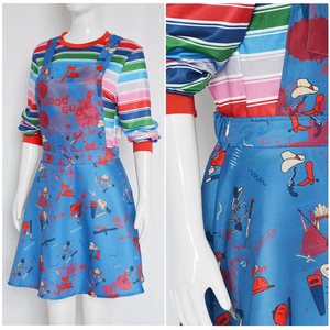 Robe Chucky pour femme, costume de cosplay d'Halloween, tenue de fête à thème d'horreur, jupe bleue rayée à manches longues - Product Image 3