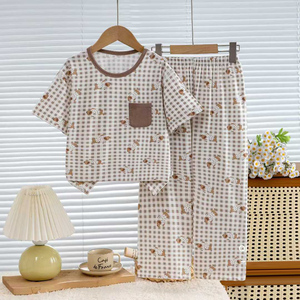 Nuovo <span class=keywords><strong>Pigiama</strong></span> Primaverile in Velluto Traspirante di <span class=keywords><strong>Cotone</strong></span> con Motivi Cartoon, Set con Maniche Corte e Pantaloni Lunghi per Bambini - Product Image 5